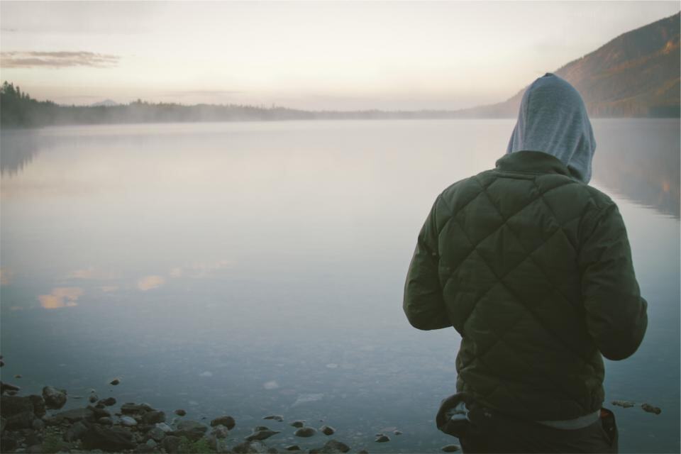Photograph of hoodie, jacket, lake.