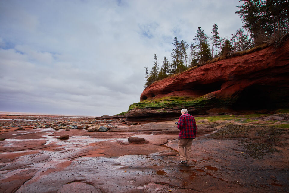 A man walks along a rocky red coastline.